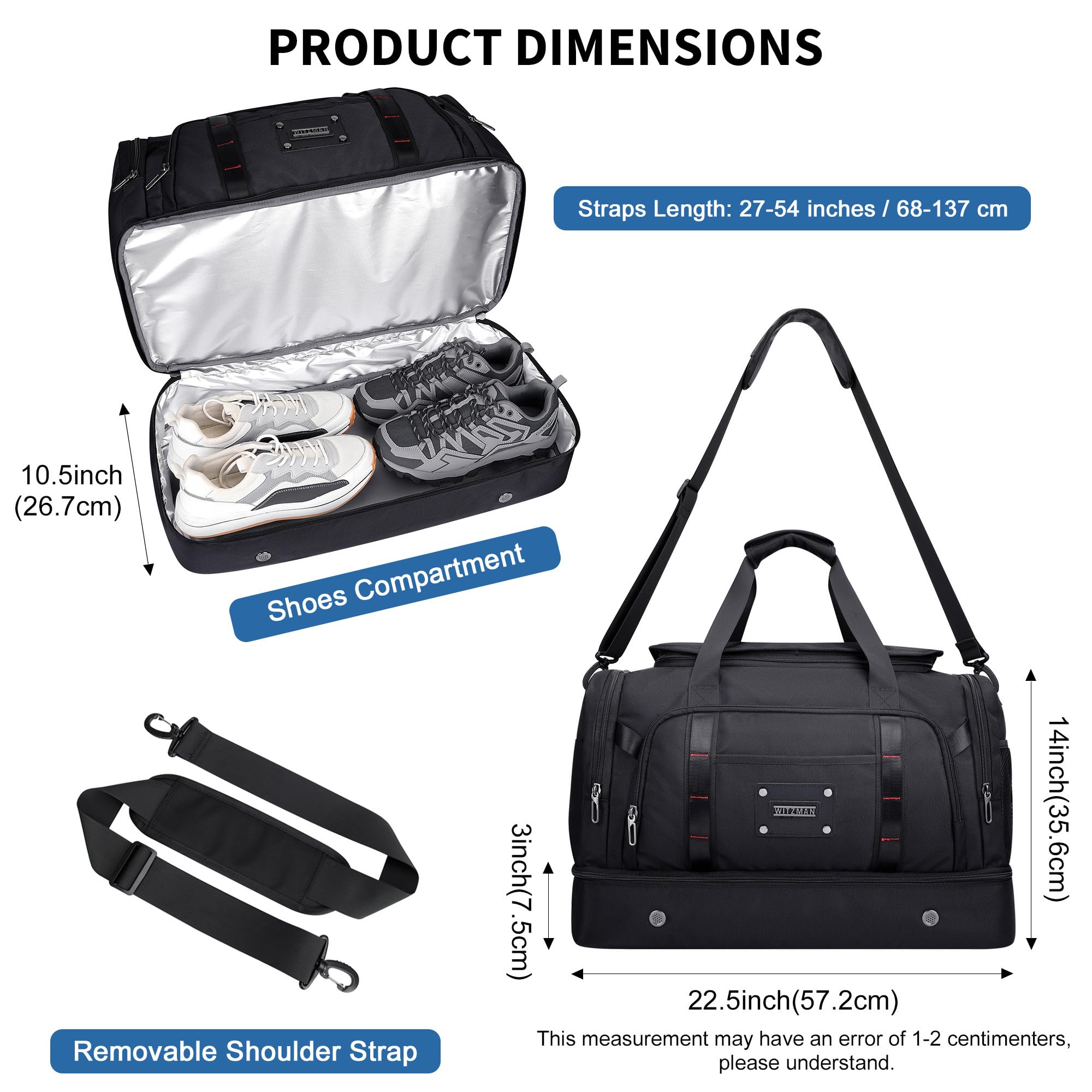 WITZMAN Nylon Reisetasche Herren 55L Weekender Sporttasche mit Schuhfach | Mehrere Taschen mit Nassfach, Konvertierbar, Große Kapazität, Eine für Reisen, Sport, Sauna, Training, B720 Schwarz