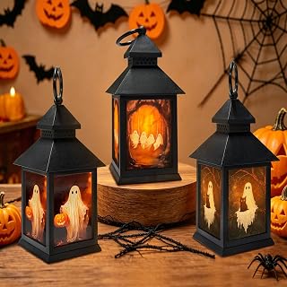 3 Stück Halloween Deko Outdoor Laterne mit LED Kerze