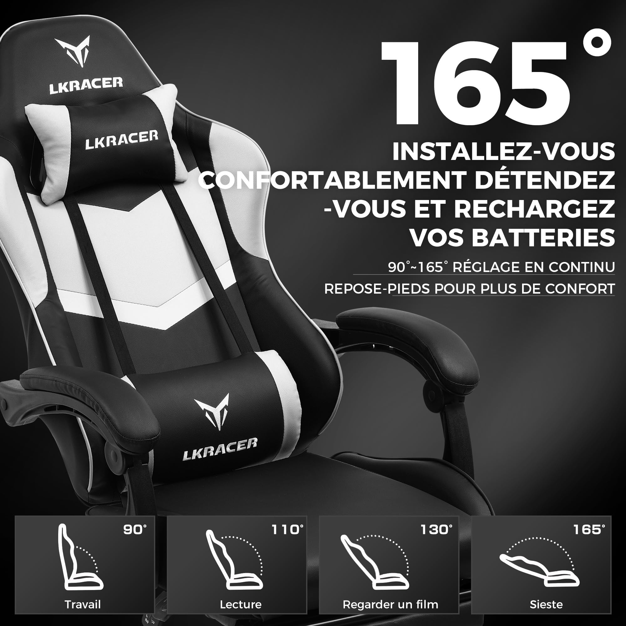 GTPLAYER Chaise de Jeu, de Bureau, de Massage, Ergonomique, pour Gamer, appuie-tête, Coussin Lombaire rembourré, Fauteuil pivotant, Supporte 150 kg, Blanc