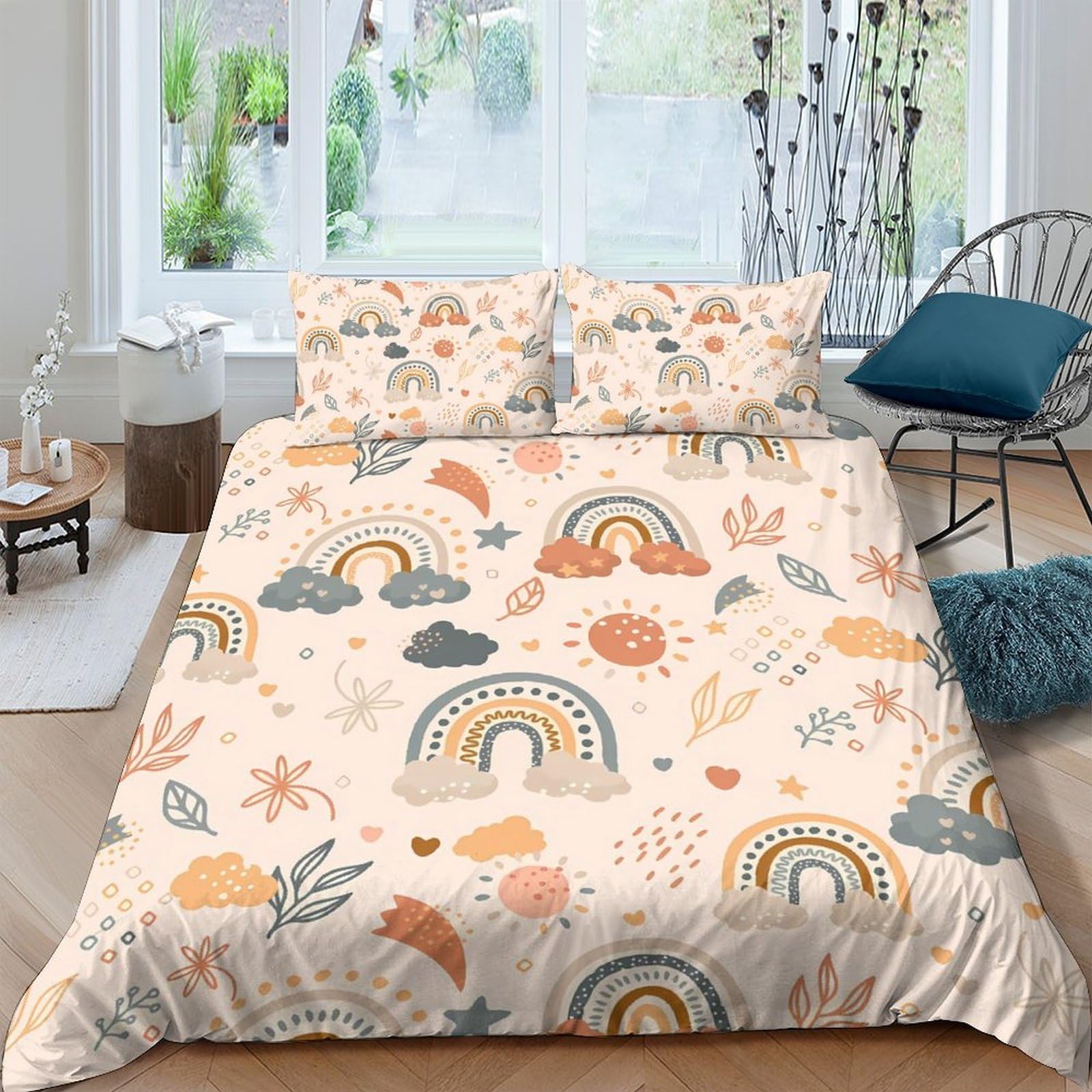 Ctjqhvkz Style-3 3D Printed Boho Rainbow Fitted Sheet Microfiber Soft Breathable Cloud Sun Mattress Cover For Bedroom Guest Room Decor Single（135X200cm）