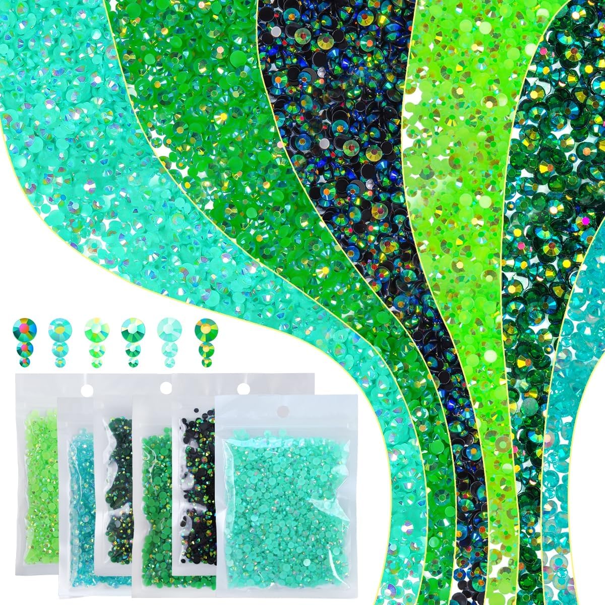 6 Bags Colorful Aqua & Green Series Resin Rhinestones for Bedazzling Crafting 3mm 4mm 5mm Mix Flatback Stones Gems Diamonds for Nails Face Eyes Makeup DIY Crafts Tumblers Bottles Clothes Shoes