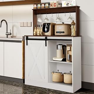 MAGIC UNION Farmhouse Coffee Bar Cabinet with 6 Hooks, 50" Coffee Bar Station with Storage, Kitchen Buffet Cabinet with Adjustable Shelves, White Bar Table with Barn Door for Living Dining Room