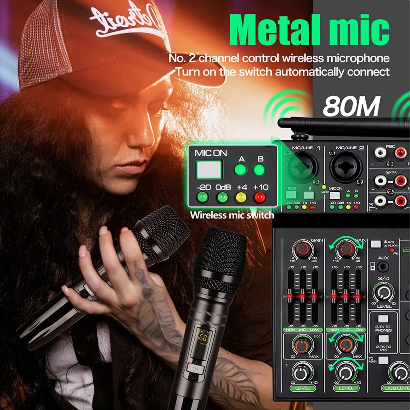 4-kanałowy mikser DJ Konsola miksera audio z bezprzewodowym mikrofonem do miksowania dźwięku z Bluetooth USB Mini mikser Dj do nagrywania i gier w studio imprezowym