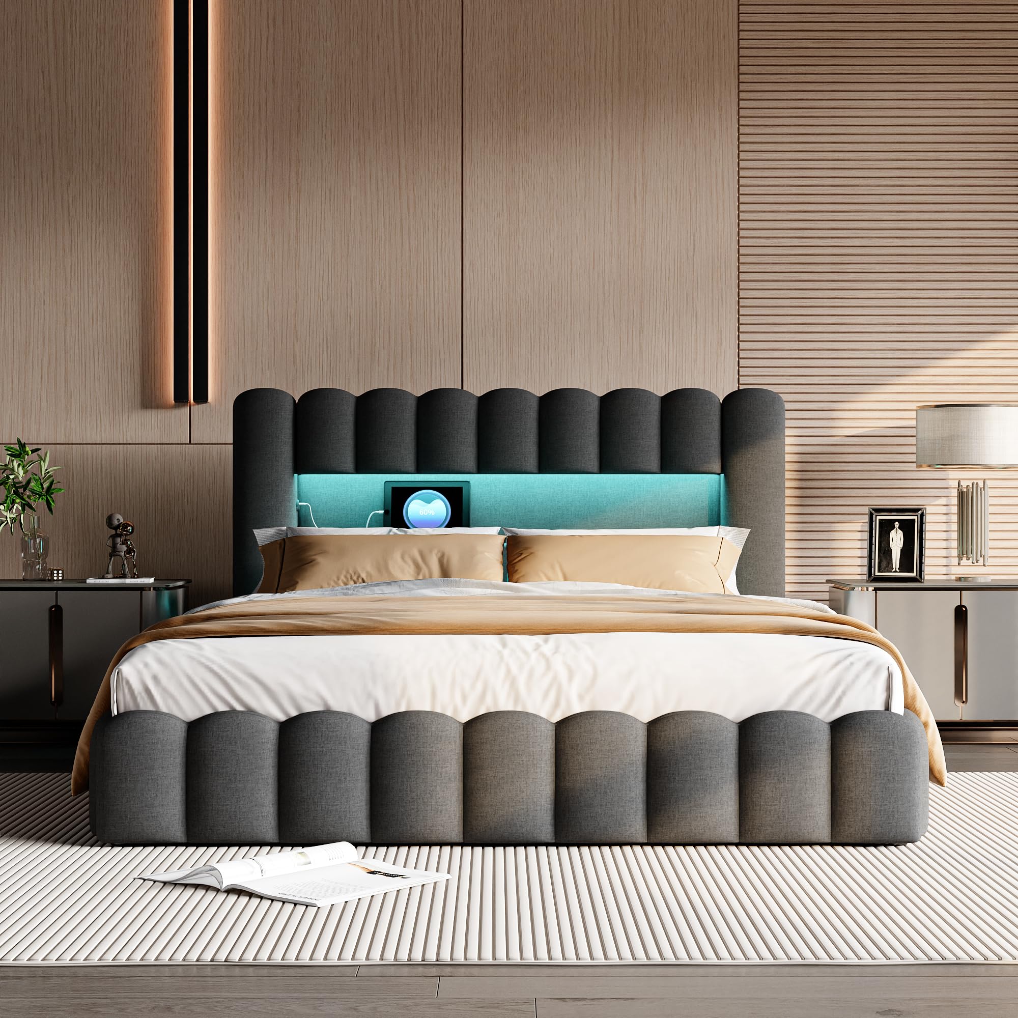Letto contenitore 180x200 con rete a doghe e vano contenitore, letto matrimoniale con LED e USB, struttura del letto con testiera capitonné, letti a 2 piazze imbottiti, lino grigio