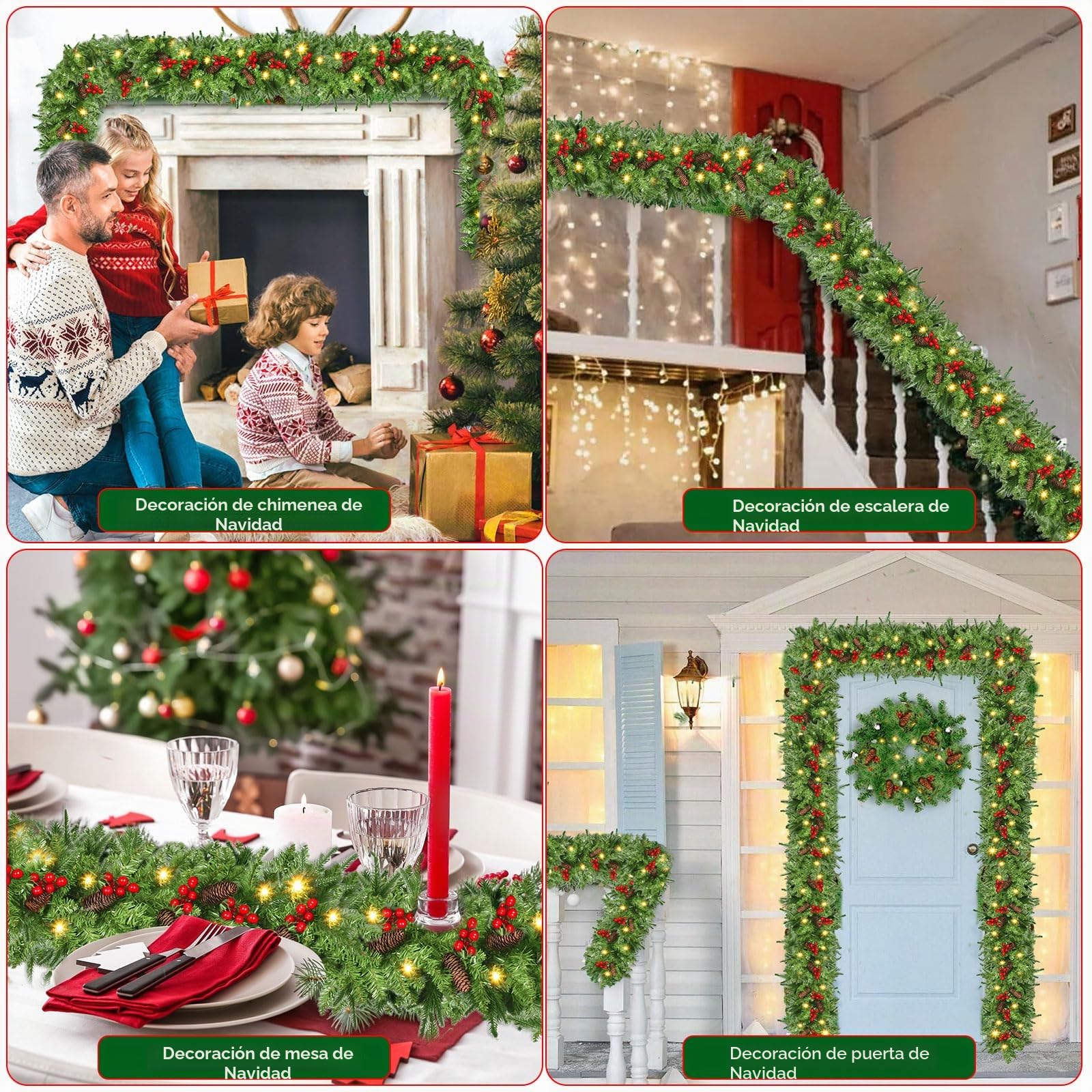 NUZEKY Guirnalda de Navidad, 2,7 m, Guirnalda de Abeto con 30 Luces LED, Guirnalda de Navidad, Guirnalda de Navidad para Exterior con Flores, Bolas para Interior y Exterior, Chimenea, Escalera