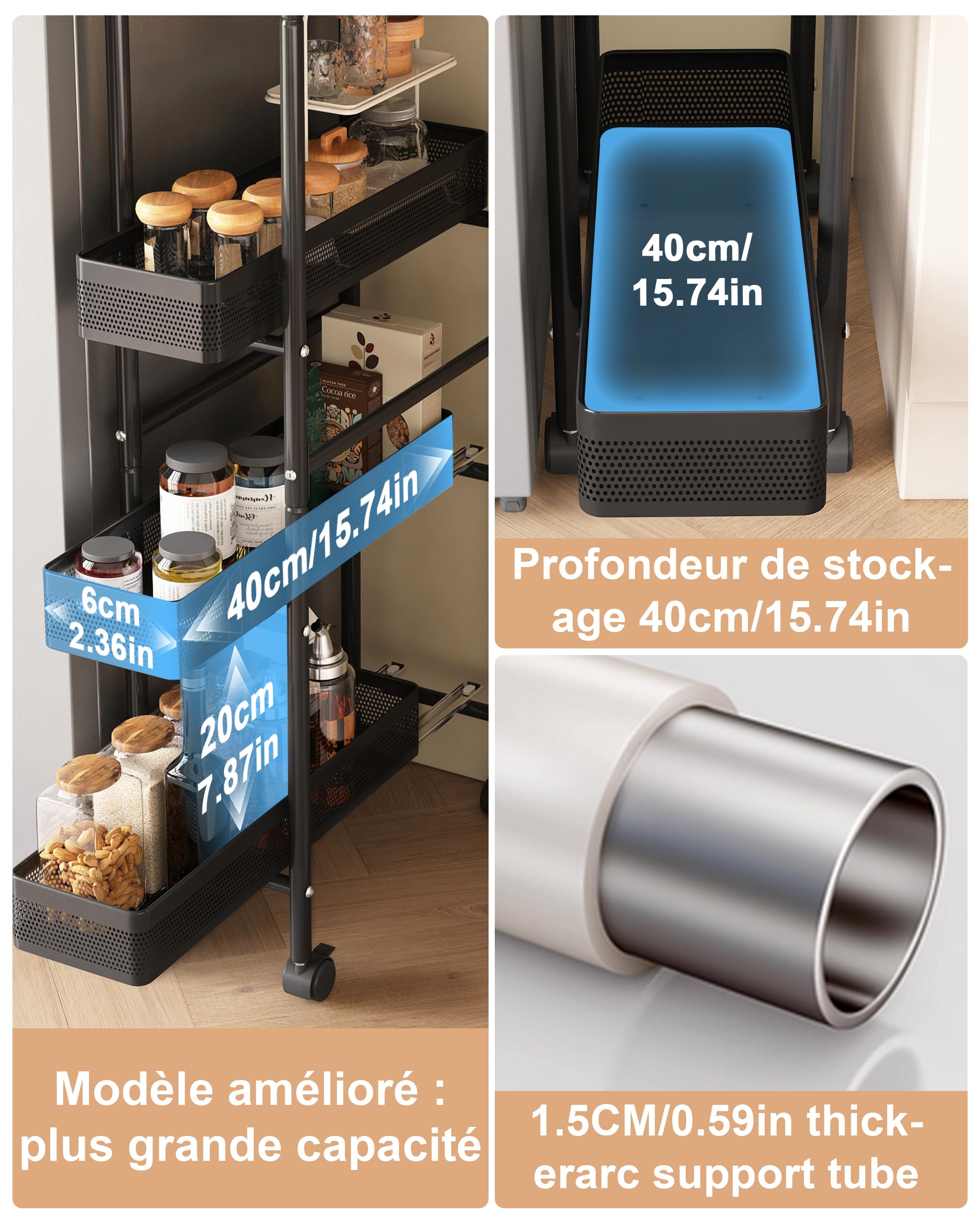 UMDONX Métallique Chariot de Cuisine étroit avec Tiroirs Coulissants,Noir | 4 Niveaux étagère Roulette Etroite,Chariot de Service à roulettes,Chariots de Rangement pour Cuisine Bain Salon Balcon