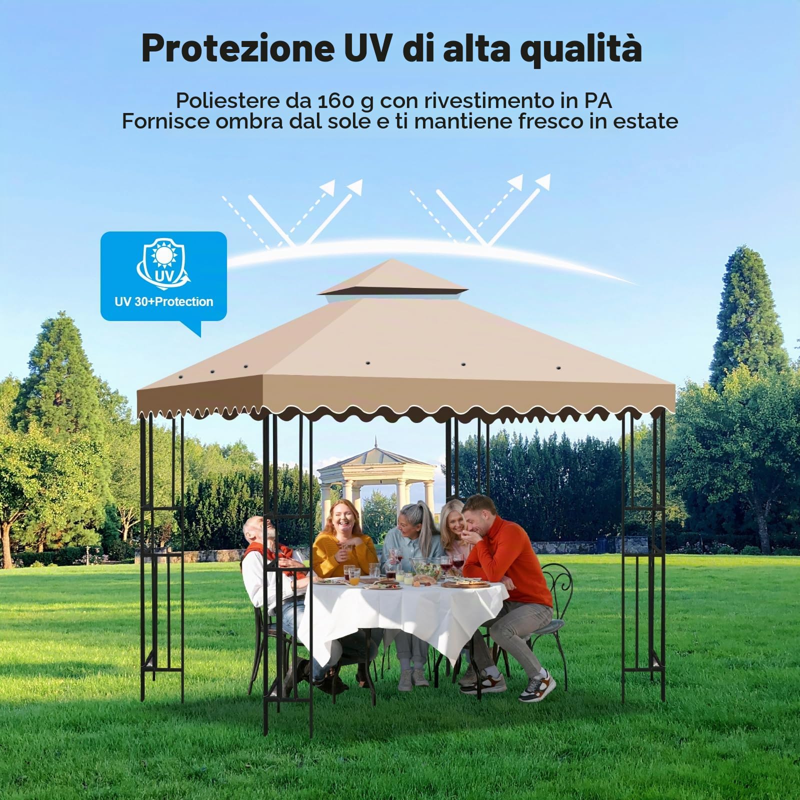 Telo Gazebo 3x3 m, 2 Livelli Tetto di Ricambio per Copertura con Airvent e 12 Fori di Drenaggio, Impermeabile e Anti-UV 300D Copertura Gazebo Rimovibileer Giardino, Terrazza, Campeggio e Spiaggia