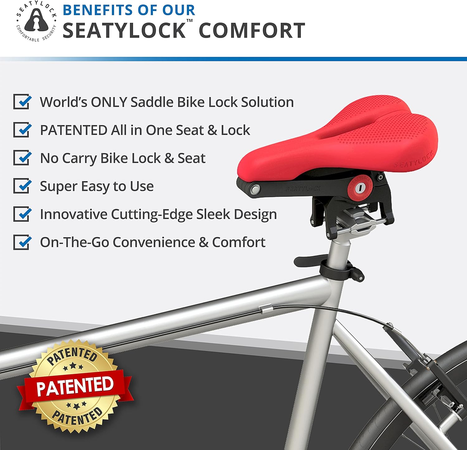 SeatyLock Hybrid Saddle Bike Lock - Multi Patent 2 in 1 Locking Bike Doubles As Seat or Bicycle Guard - Innovative Lightweight Anti Theft Bicycle Lock and Saddle with Keys
