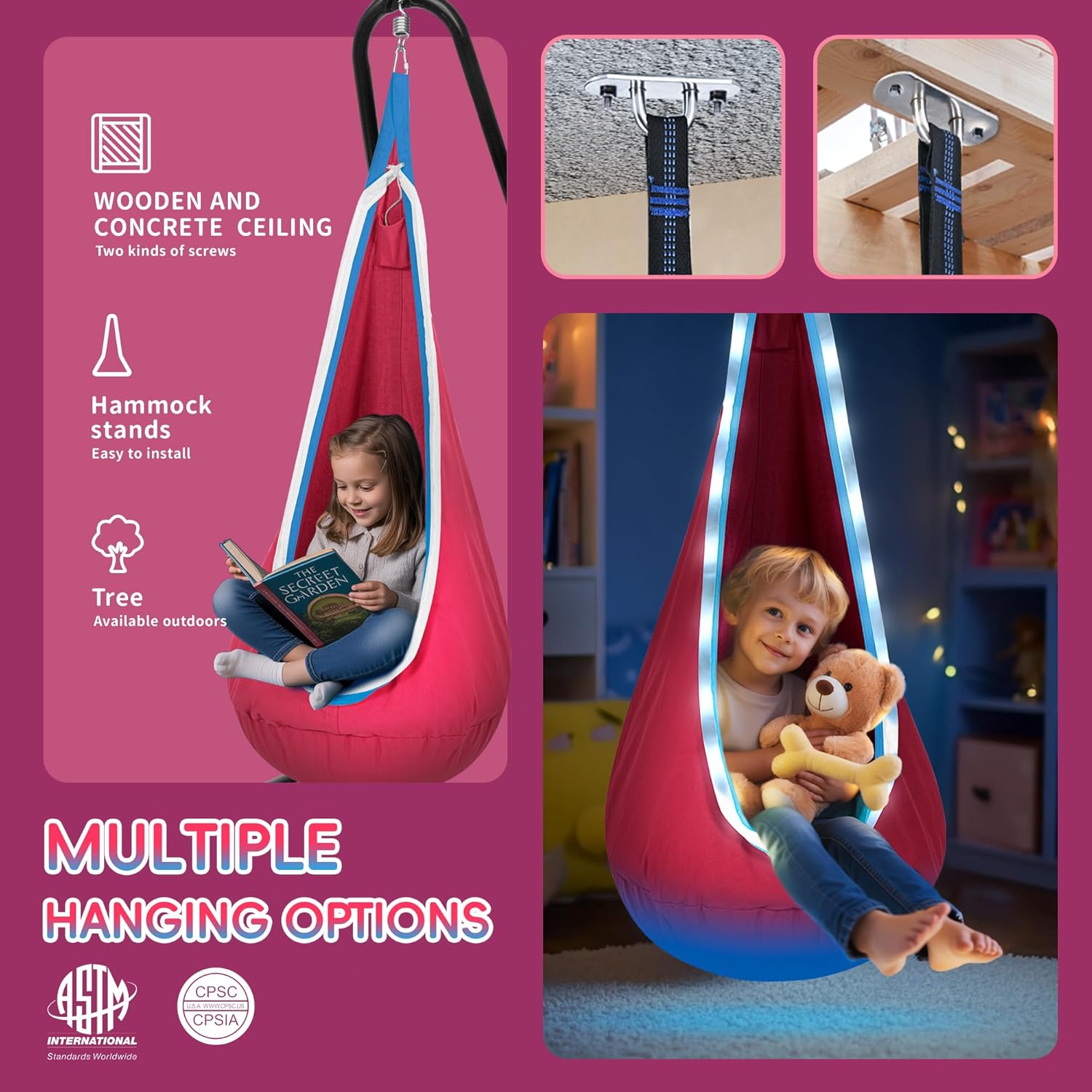 OUTREE Light Up Pod Swing for Kids, Hanging Swing Chair, Cotton Sensory Chair with LED Light, Kids Hammock Chair - Image 4