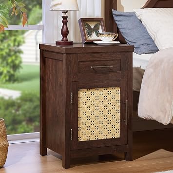 YUFAM Small Rattan Nightstand - Boho Night Stand with Type-C Charging Station for Bedroom, Modern Nightstands w/Drawer for Small Space, Wood Bedside Table w/Adjustable Storage Shelf, Walnut