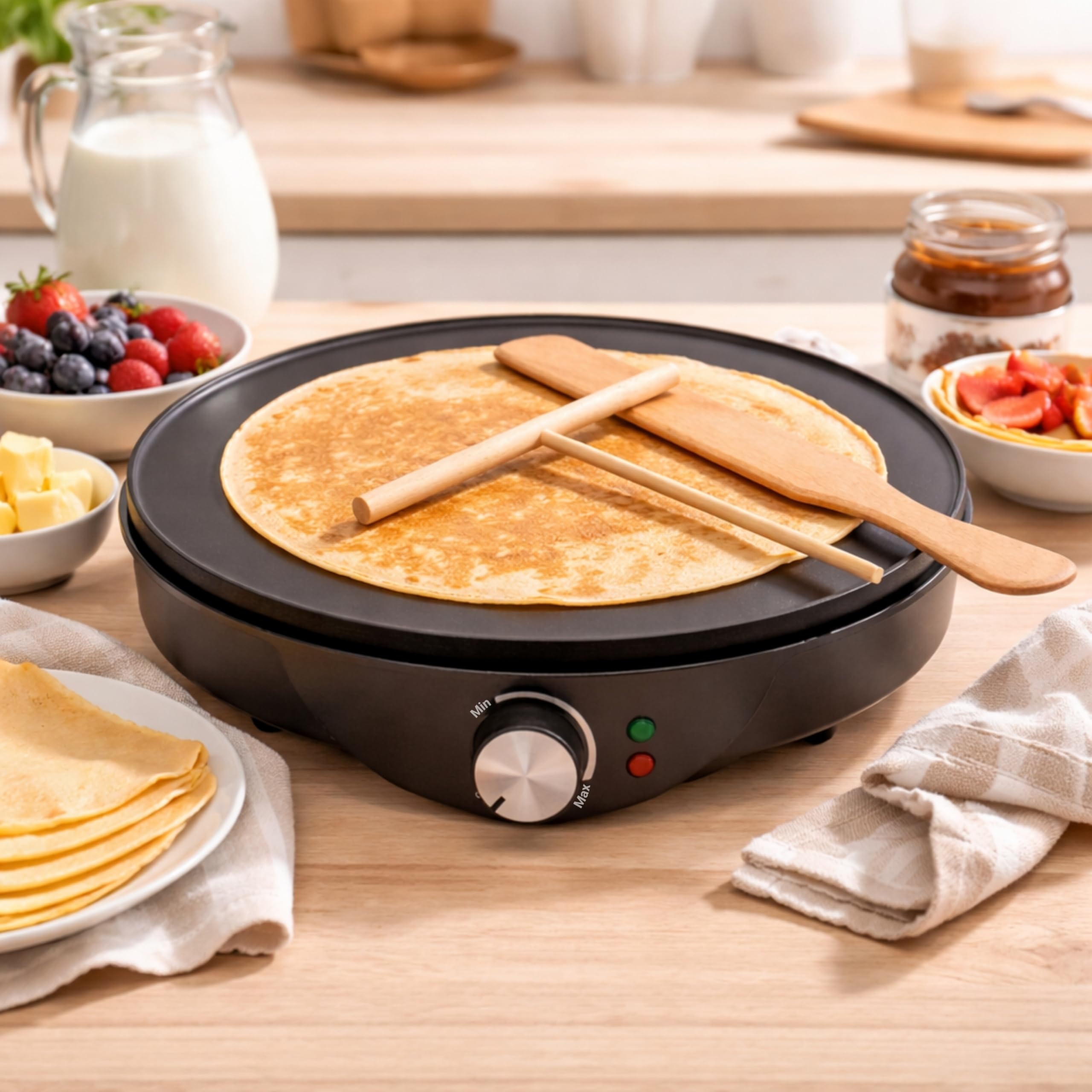 Marco Paul Electric Crepe & Pancake Maker - Large 12" Easy Clean Non Stick Hotplate with Crepe Making Tools Included 1000W Adjustable Temperature Hot Plate for Crepes, Omelettes & Pancakes