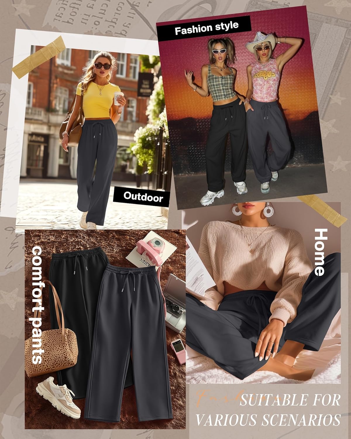2 Pack Women's Wide Leg Pants Casual Drawstring High Waist Sweatpants Baggy Trousers Joggers Pant with Pockets