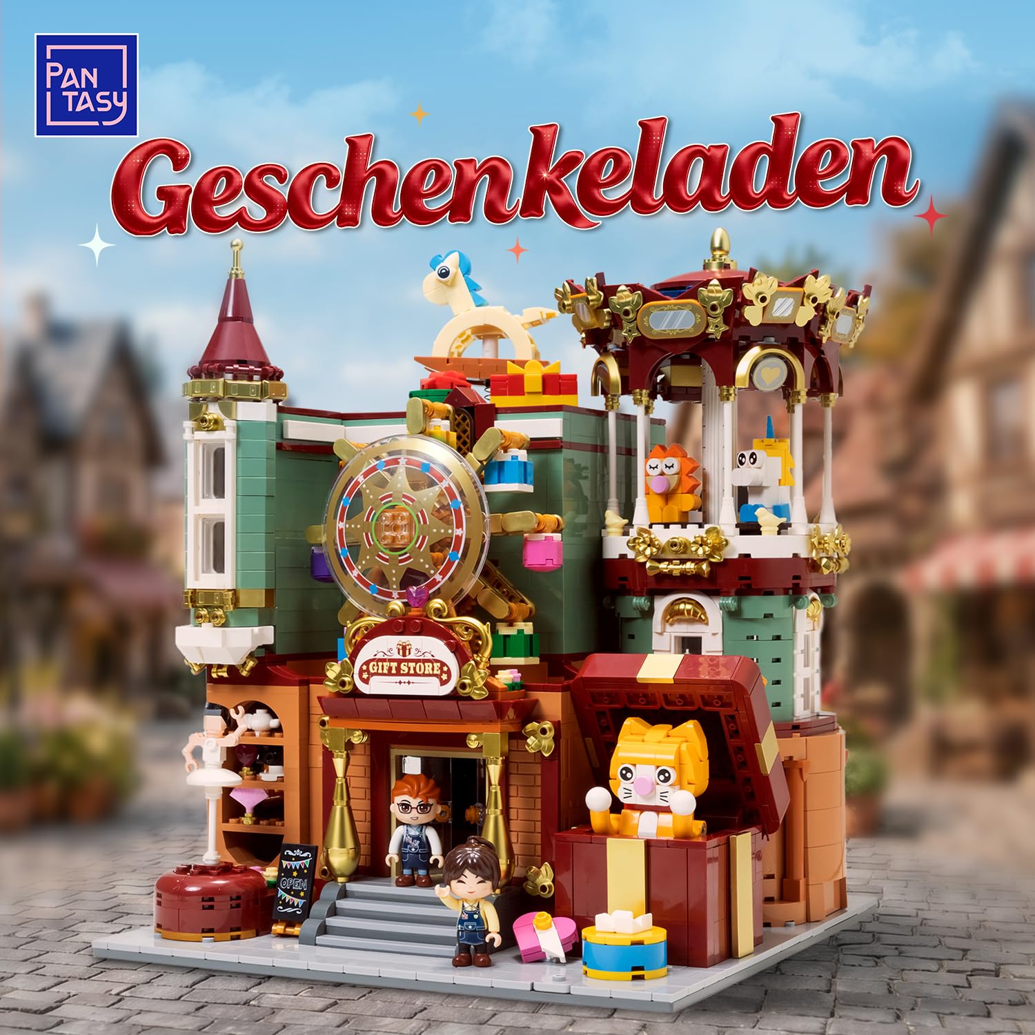 PANTASY Geschenkeladen, modulares Klemmbausteine Set | Motorisiertes Märchenhaus mit Karussell, Riesenrad, aufklappbarer Rückwand und detailreichem europäischem Interieur