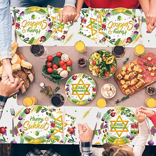 Miniatura 3 de Happy Sukkot - Juego de vajilla de Sukkah, suministros para fiesta, incluye 1 mantel de Sucot, 20 platos de Sucot y 10 servilletas para fiestas
