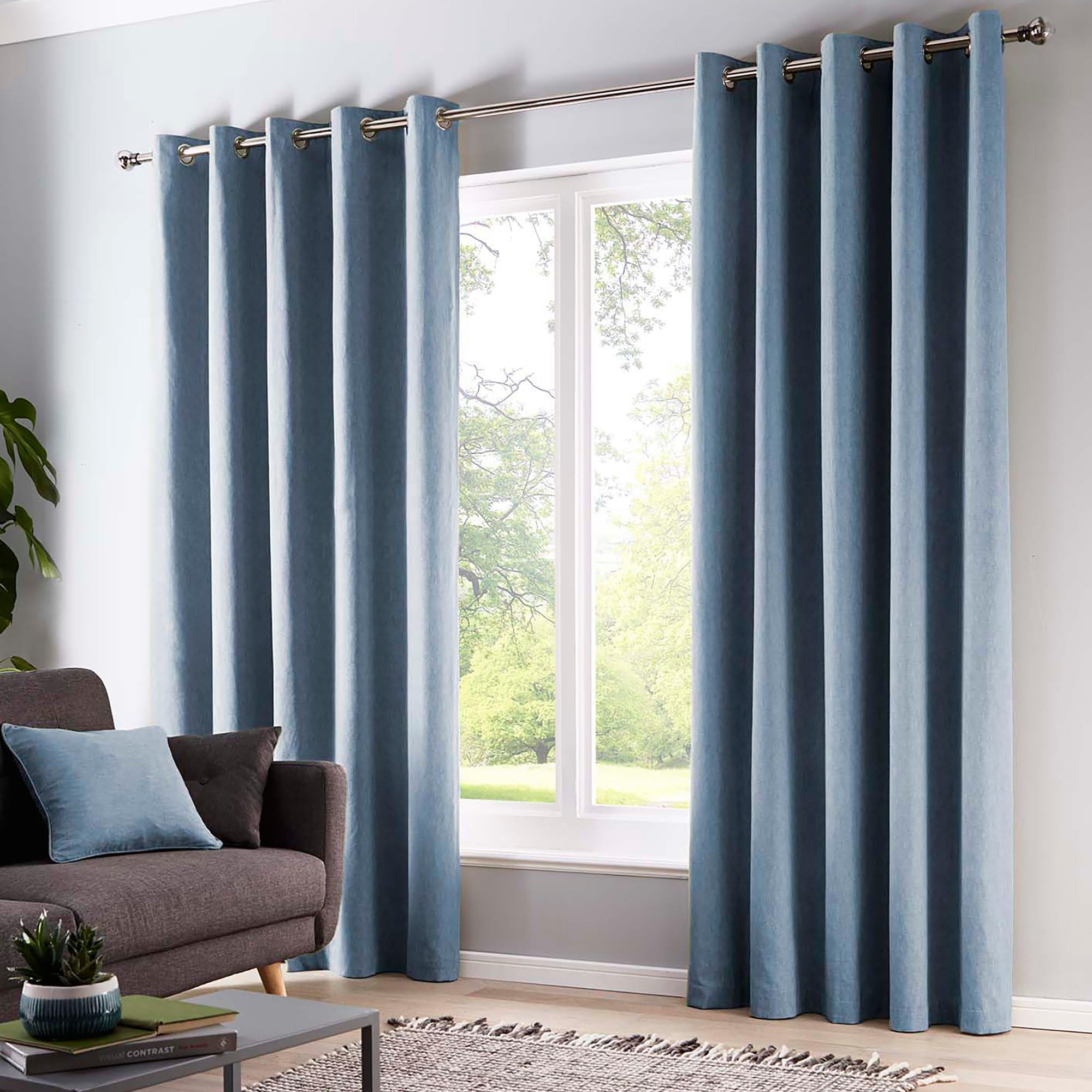 Fusion Light Blue Sorbonne Eyelet Curtains W46 X L90 (117 X 229Cm) – 2 Panels – 100% Cotton – Thermal Drapes & Window Treatment – Sky Blue Curtains For Bedroom Or Living Room