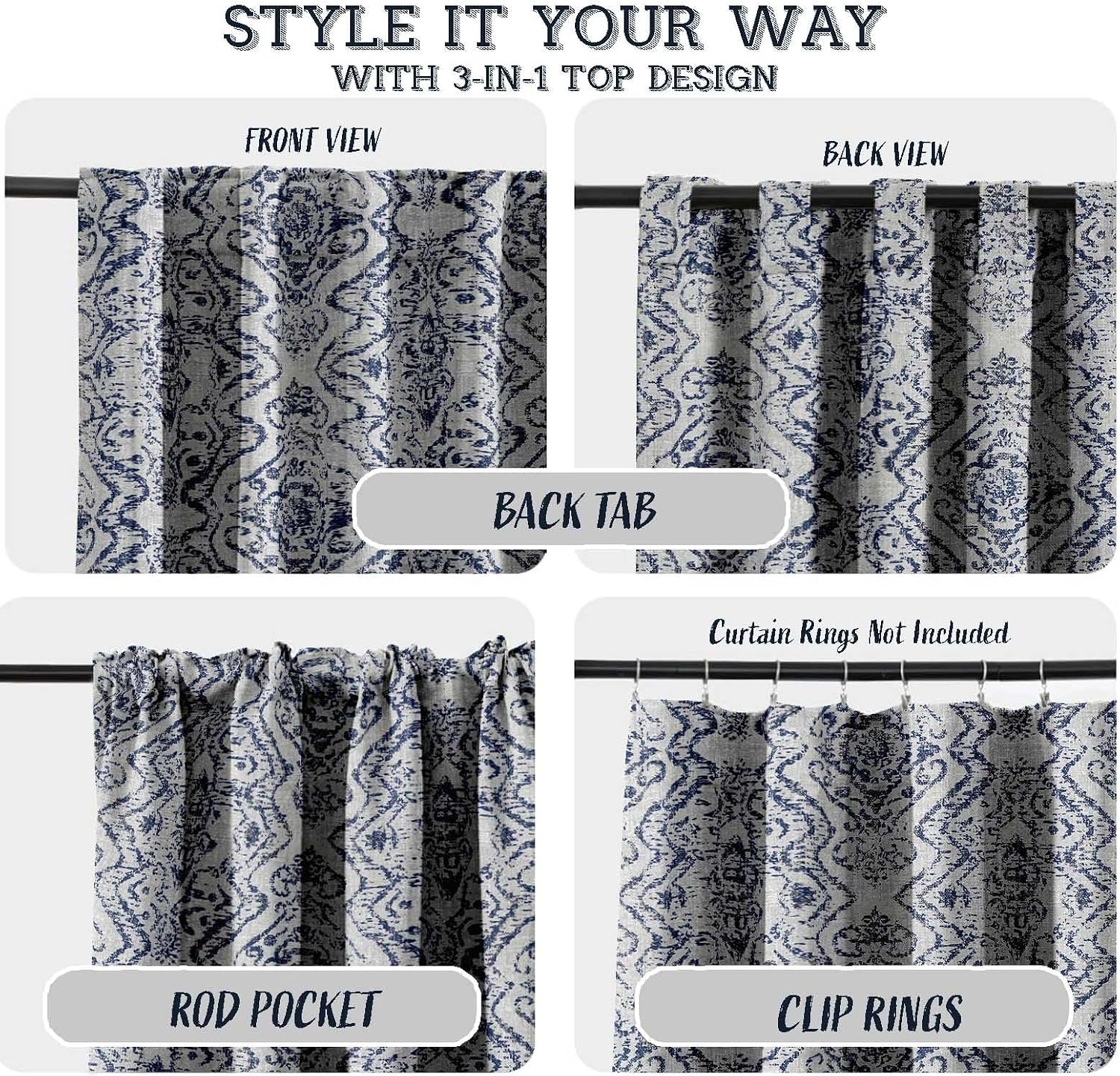 Cotton Curtains for Windows - 3-in-1 Rod Pocket/Back Tab Short Window Drapes - Light Filtering Cotton Canvas Panels - Set of 2, 52"x63" - Texture Print (Gray)