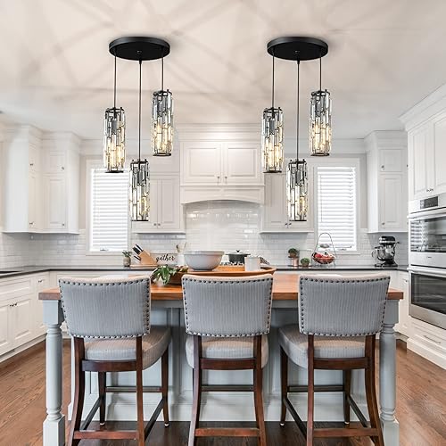 Miniatura 7 de LMQNINE - 3 luces para iluminación colgante color negro, lámpara colgante moderna, mini candelabros de cristal, lámpara colgante ajustable para