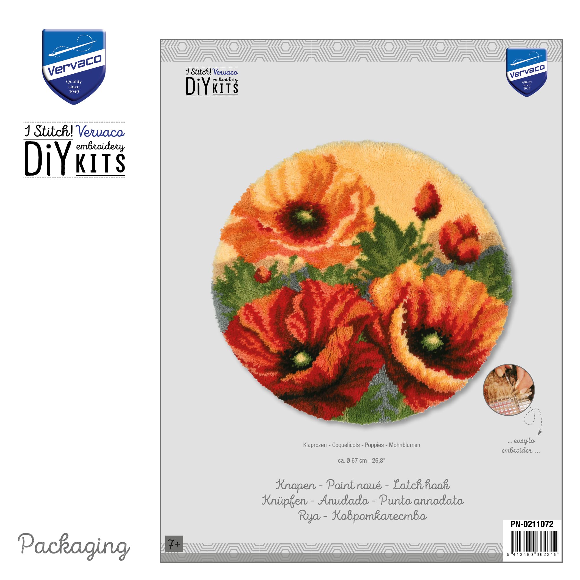 VERVACO Knüpfteppich Set DIY Handarbeit Knüpfset für Anfänger MOHNBLUMENFORM Teppich zum Selber Knüpfen Basteln Erwachsene Kreativ Set 67 x 67 cm Latch Hook Knüpfhaken Haus Dekoration