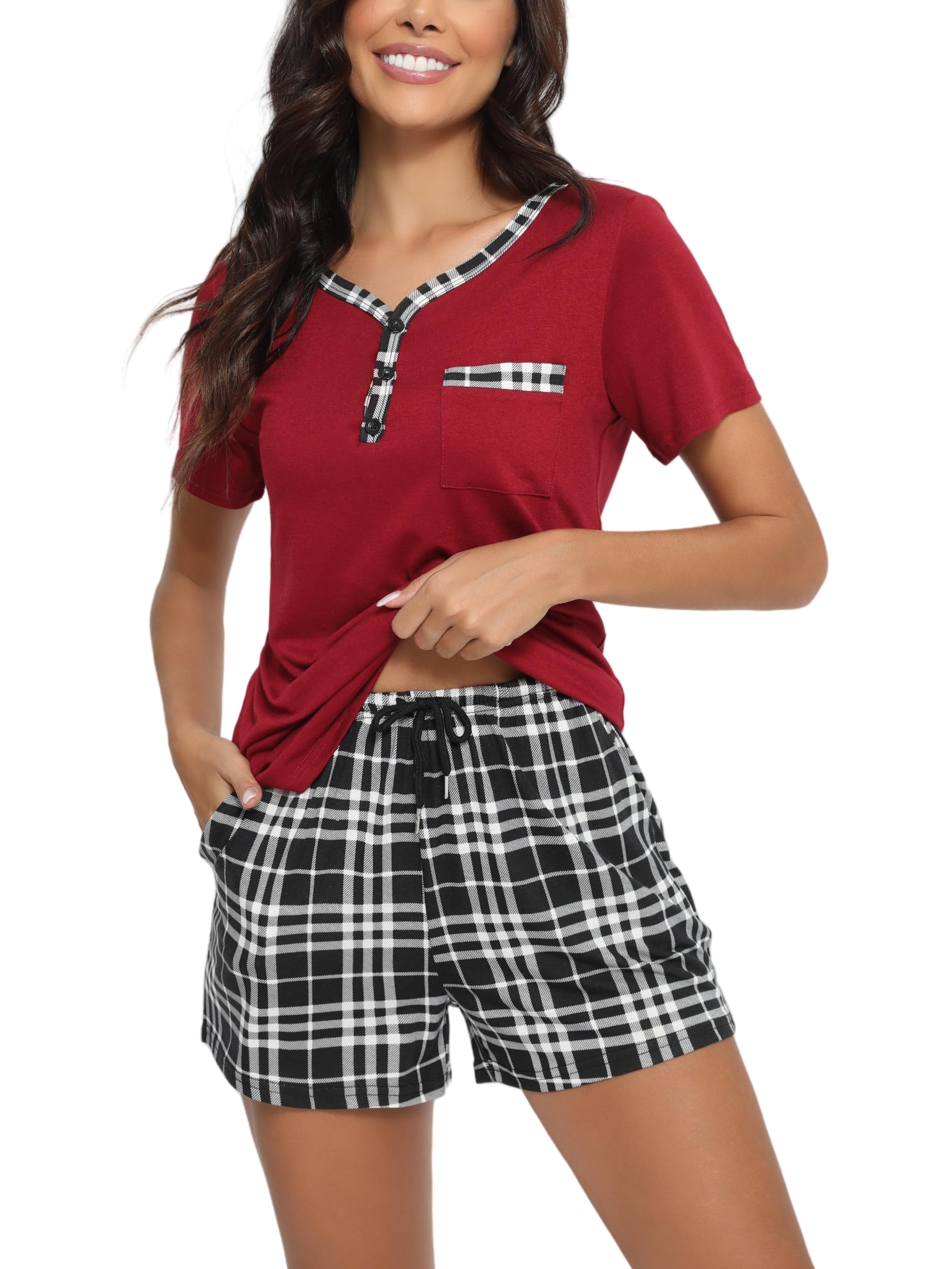 Yukiuiny Damen Kurz Schlafanzug Pyjama Baumwolle Shorty Sommer Nachtwäsche Kurzarm T Shirt V Ausschnitt Karierte Shorts