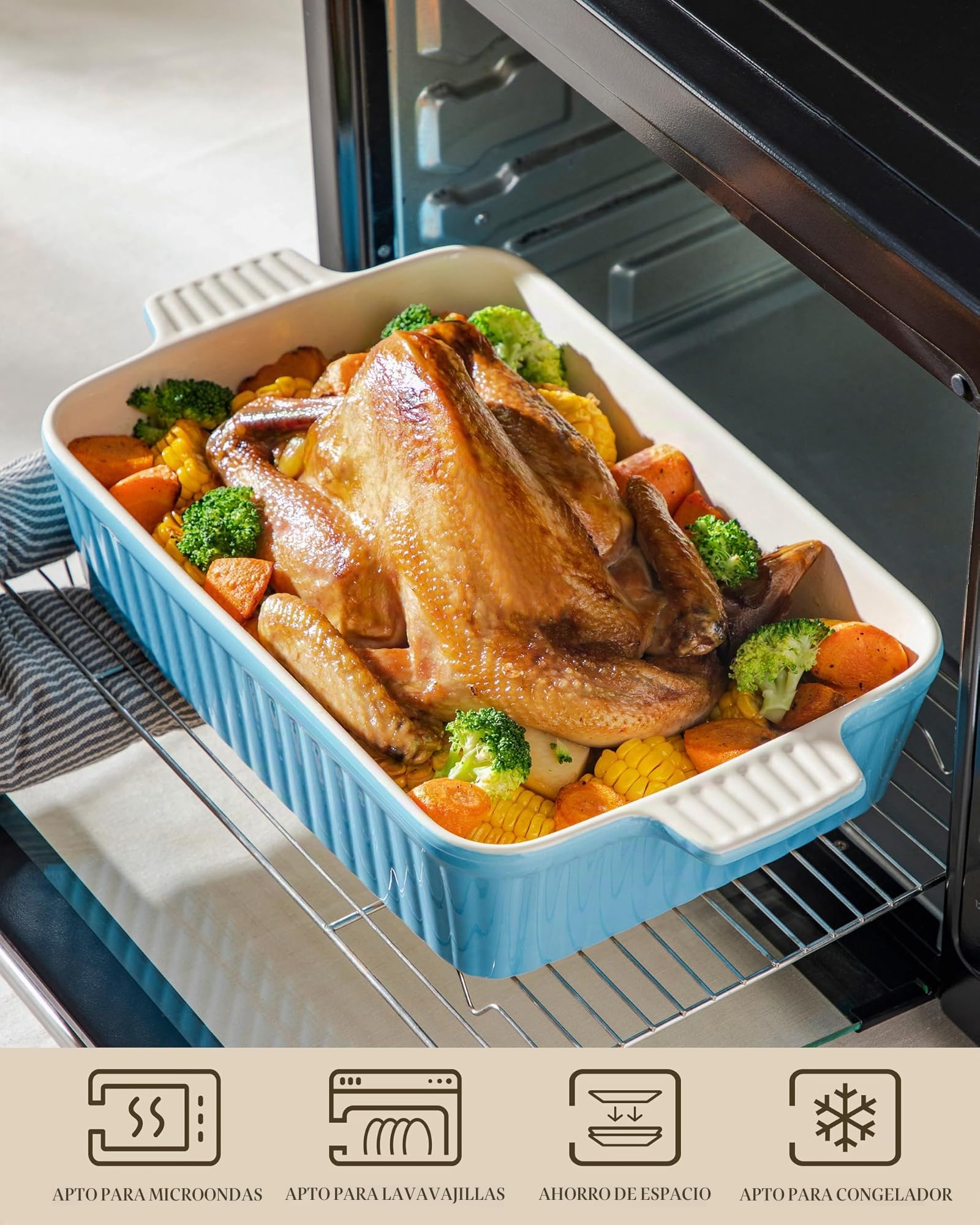 MALACASA Serie BAKE, Fuente Rectangular de Porcelana para Horno de 4200 ml, Fuente Grande para Horno con Asas para Gratinados y Guisos, Apta para Lavavajillas, Color Azul