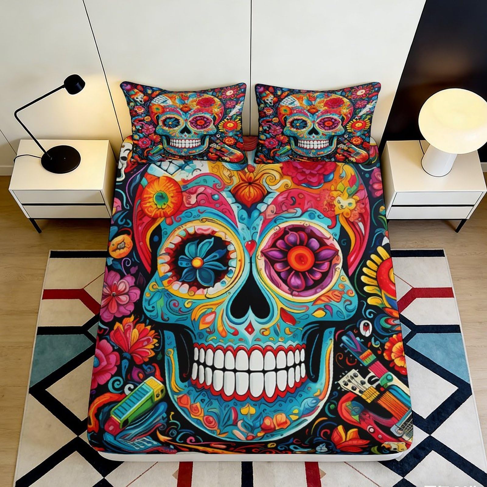 3D Printed Colorful Sugar Skull Fitted Sheet Microfiber Soft Breathable Floral Skull Bed Cover for Bedroom Dormitory Guest Room Mattress Protection 120x200x25cm