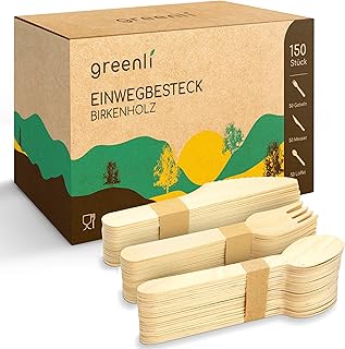 Einwegbesteck Set - 150 Holzgabeln, Holzmesser und Holzlöffel - Nachhaltiges Holzbesteck Einweg