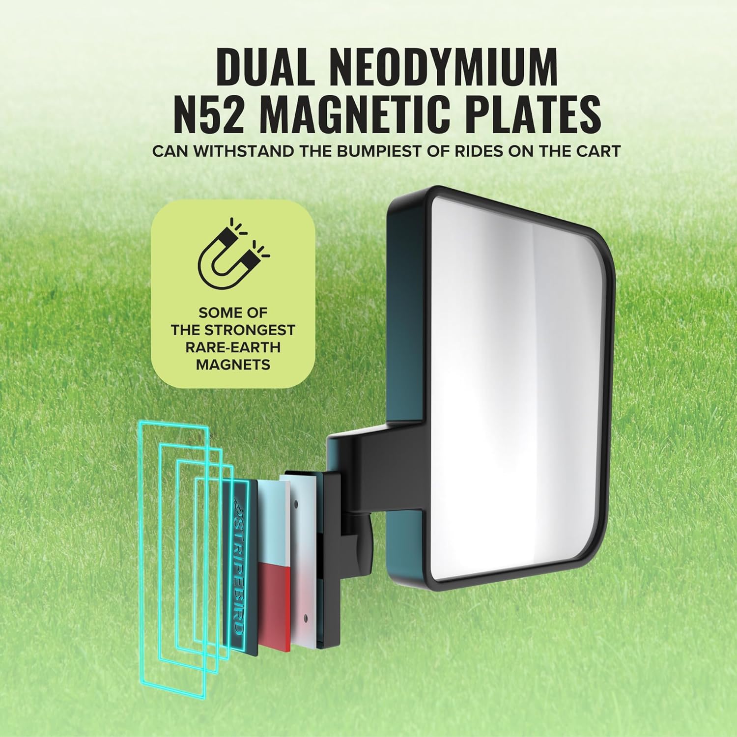 Stripebird - Magnetic Golf Cart Mirrors 2.0 (Black) - No Drilling - Ultra-Strength Magnet - 2 Folding Side Mirrors - EZ Go Accessory - Club Car Accessory - Golf Cart Accessory