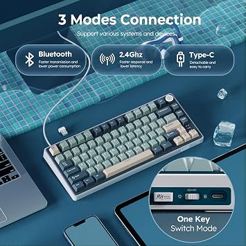 RK ROYAL KLUDGE R75 Wireless Mechanical Keyboard, 75% Percent Gaming Keyboard Gasket Mount Custom Keyboard US Layout RGB Backlit with Knob & PBT Keycaps, BT5.1/2.4GHz/USB-C, Hot Swappable Cream Switch