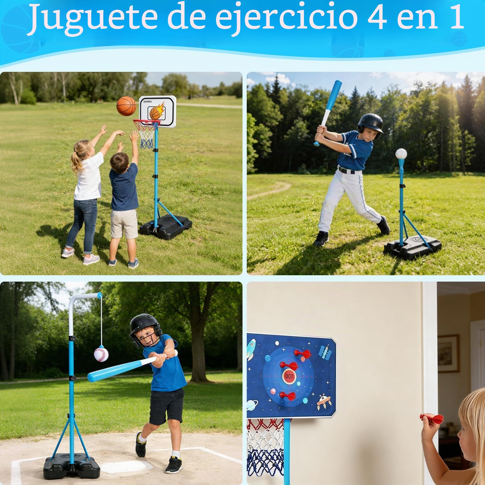 4 en 1 Canasta Baloncesto Infantil Ajustable Canasta de Baloncesto para Niños con Dardos y Juego de Béisbol, T-Ball Colgante y Soporte Interior y Exterior Juguete Deportivo 3-12 Años