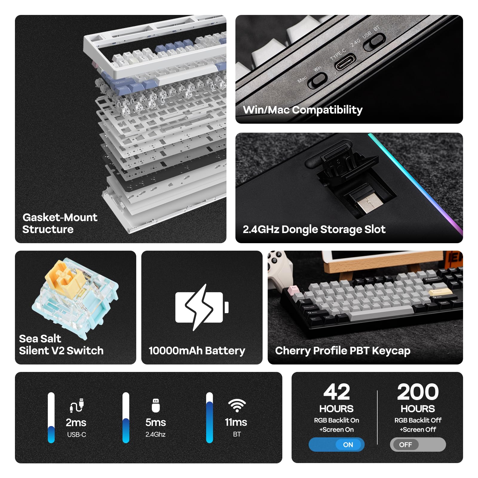 EPOMAKER TH108 Pro Teclado Mecánico Inalámbrico para Juegos de Tamaño Completo con Pantalla y Perilla, 10000mAh, Gasket Cremosa, Hot Swap, Controlador Personalizado, RGB (Negro, Sea Salt Silent) - 3