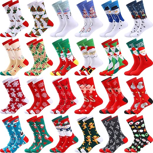 Handepo 24 Pcs Christmas Crew Socks Women Novelty Casual Dress Socks Animal Food Christmas Theme Patterned Funny Colorful Women's Xmas Gifts for Girls Teens