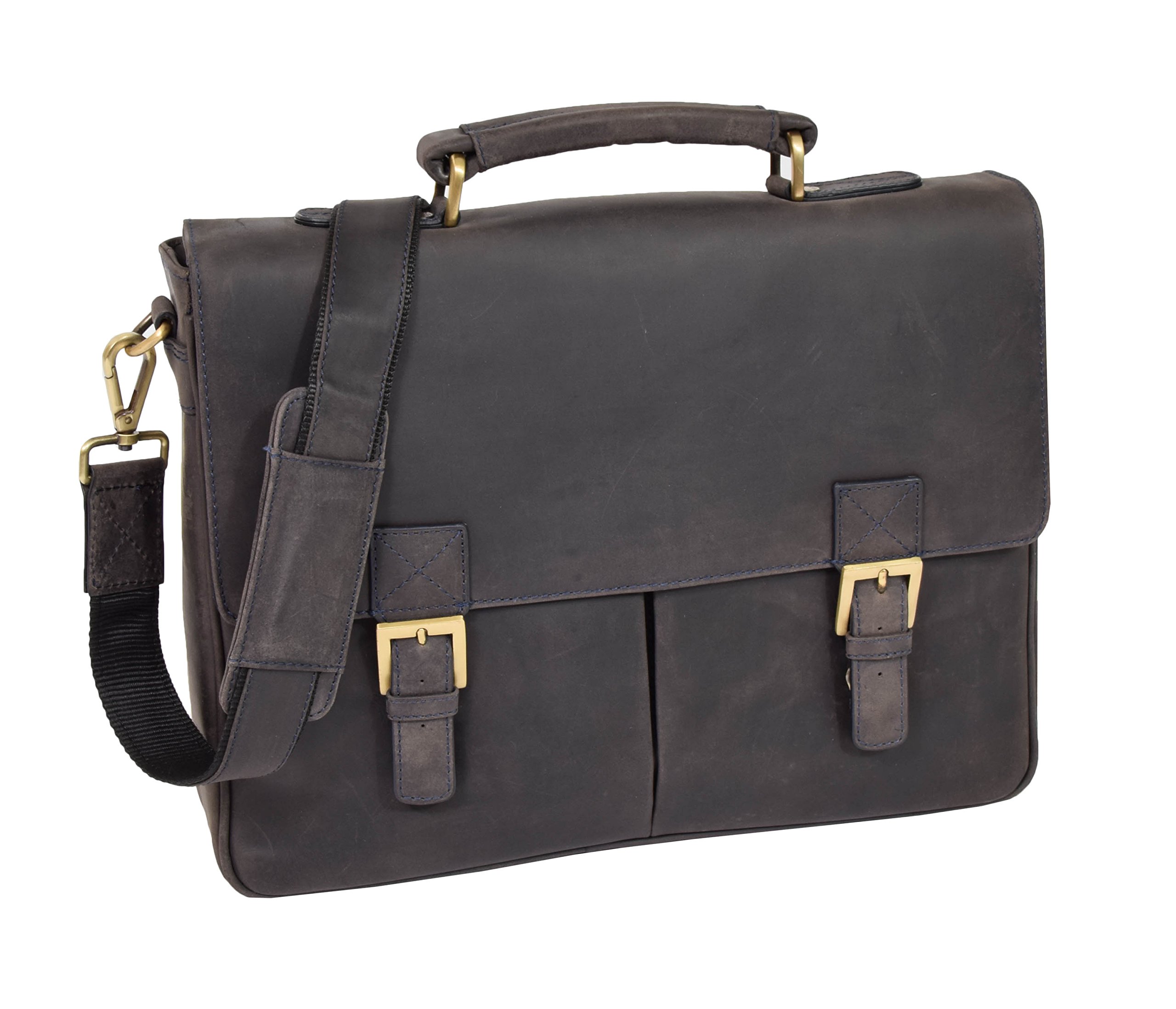 Real Leather Briefcase Cross Body Satchel Messenger Organiser Bag Cobar Blue