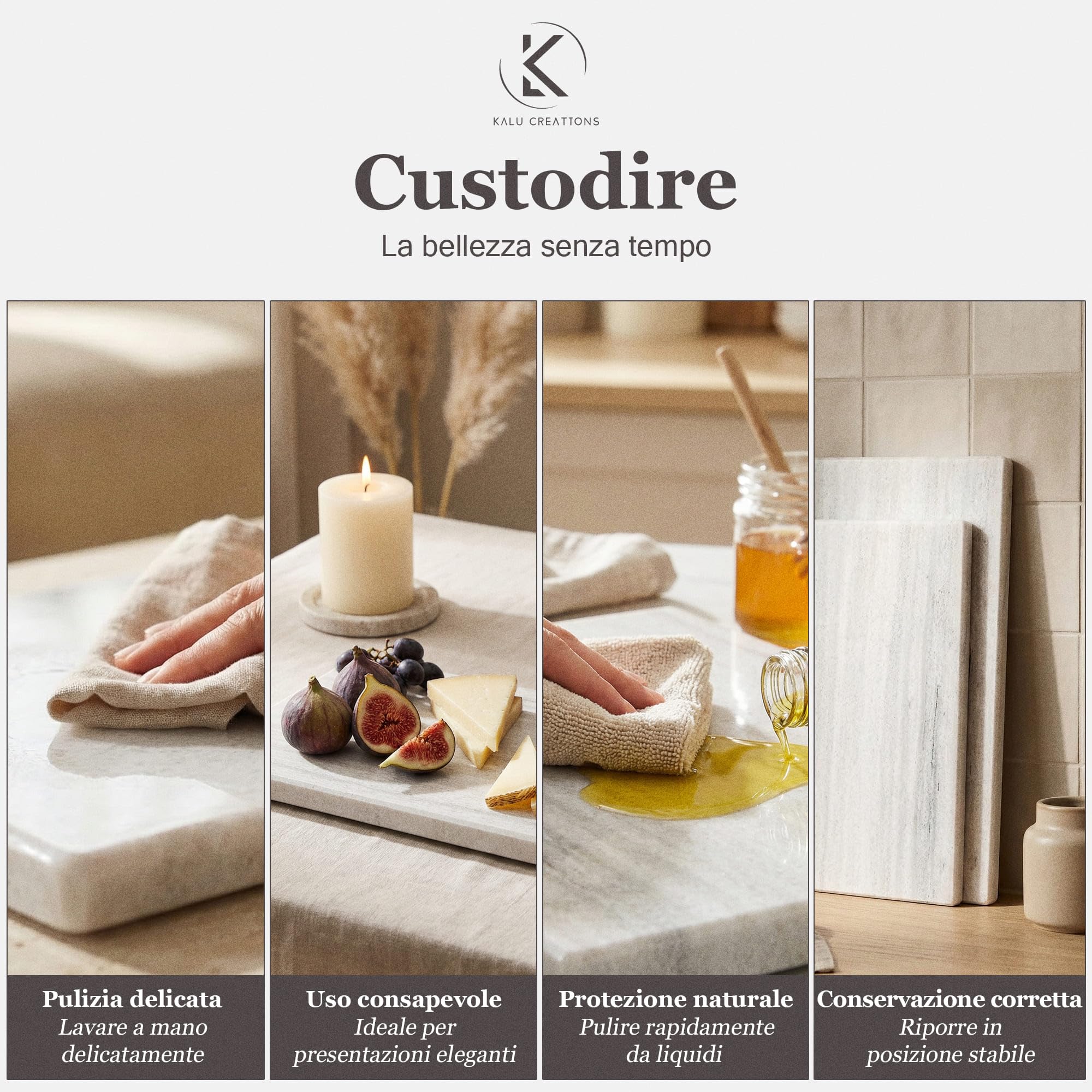 Schneidebrett aus massivem weißem Marmor 40 x 30 cm – Elegantes Küchenbrett für Käse, Sushi und Antipasti – Naturstein dick und schwer – Made in Italy | Kalu Creations
