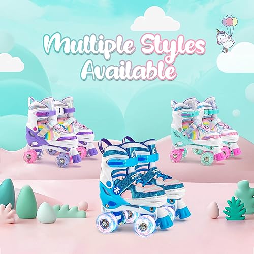 Miniatura 72 de SULIFEEL - Patines infantiles con luz ajustable y diseño de unicornio y arcoíris, tamaño 4 para niños y niñas b púrpura