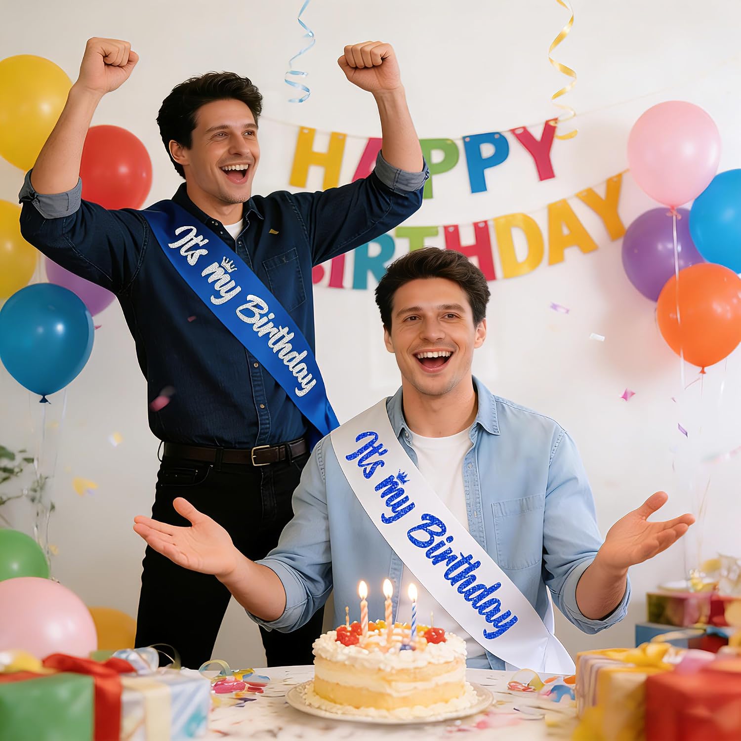 2 Pcs It's My Birthday Sash for Women with Glitter Letters, 21st 30th 40th 50th 60th Birthday Party Favors Supplies(Royal Blue,Silver & White,Royal Blue)