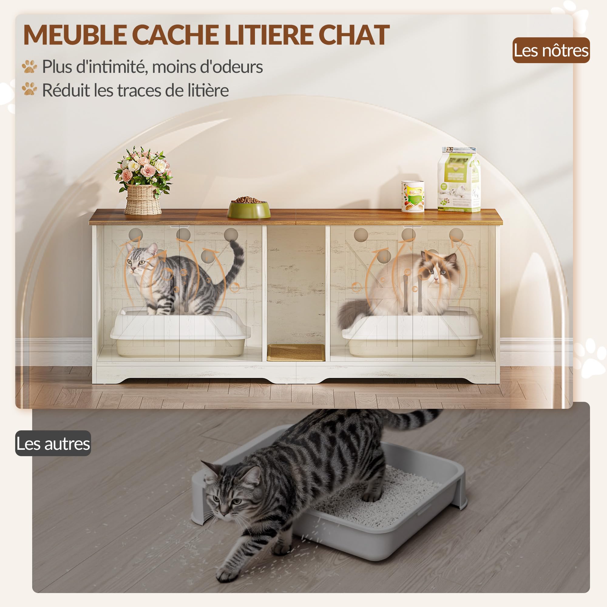 Meuble Litiere pour 2 Chats, 140 x 50 x 55 cm, Marron et Blanc | Meuble Cache Litiere Chat, Maison de Toilette Chats en Bois avec Tapis à Griffer, Maison pour Chat D'intérieur FPCB103PWR1