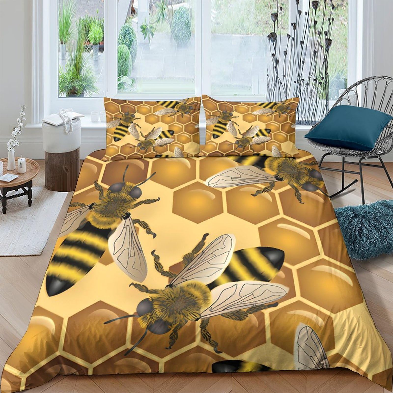 Ctjqhvkz Style-9 3D Printed Honeycomb Bee Fitted Sheet Microfiber Soft Bedroom Decor Mattress Cover For Home Guest Room Easy Clean Single（135X200cm）