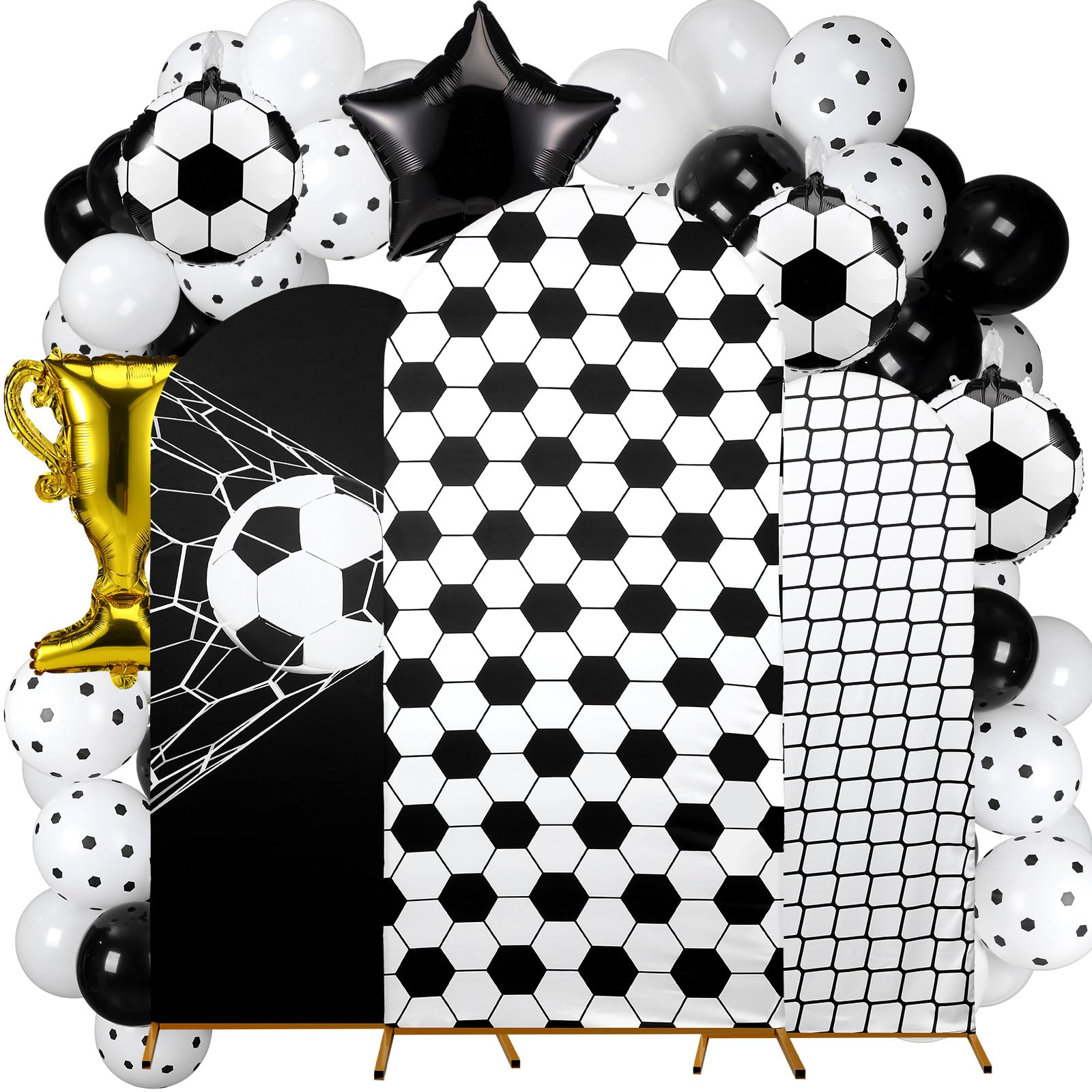 Foilswirl Spandex Arch Backdrop Cover 34 Pcs Soccer Birthday Background Decorations 4ft 5ft 6ft Soccer Arch Backdrop Covers Black White Balloons for Sport Game Football Birthday Party Decor