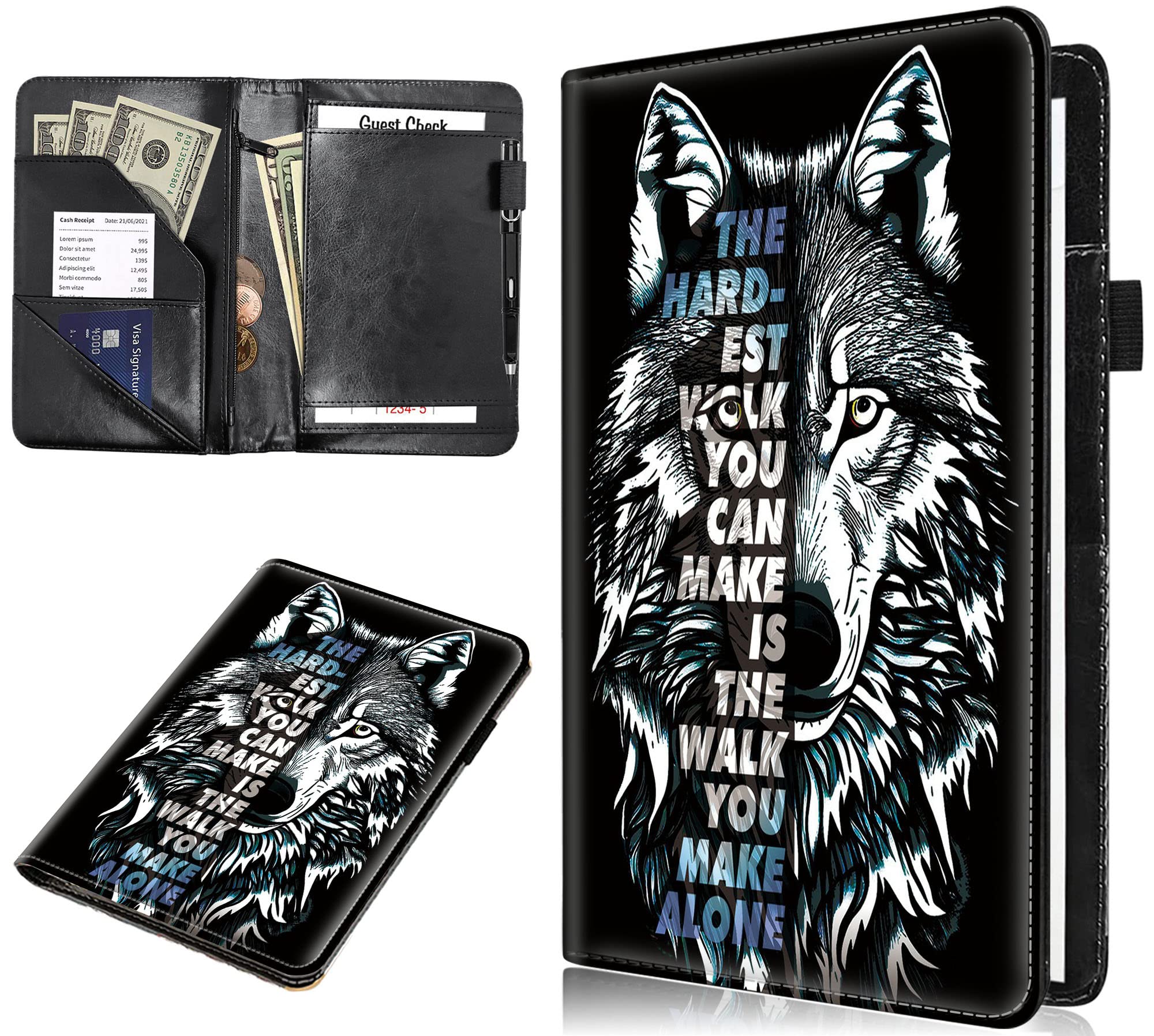 RYUITHDJP Server Book for Waitress, Waitress Books with Zipper Pocket Wolf Design Serving Book Organizer Restaurant Guest Check Presenter Fit for