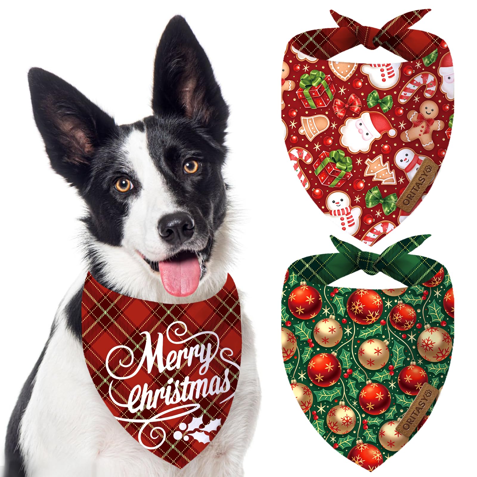 Bandanas de Noël pour chien grand format en tissu rouge et vert lot de 2