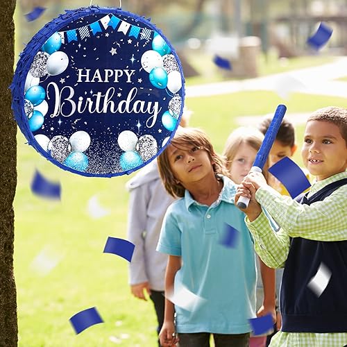 Miniatura 5 de Sinmoe Piñata de cumpleaños con palo vendados y confeti para niños, niñas, hombres y mujeres, suministros de fiesta de cumpleaños (azul y plateado)