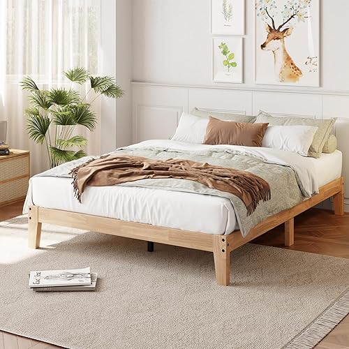 Cama de plataforma de madera maciza de tamaño matrimonial, diseño sin ruido con soporte de listones de metal y madera, no necesita somier, fácil