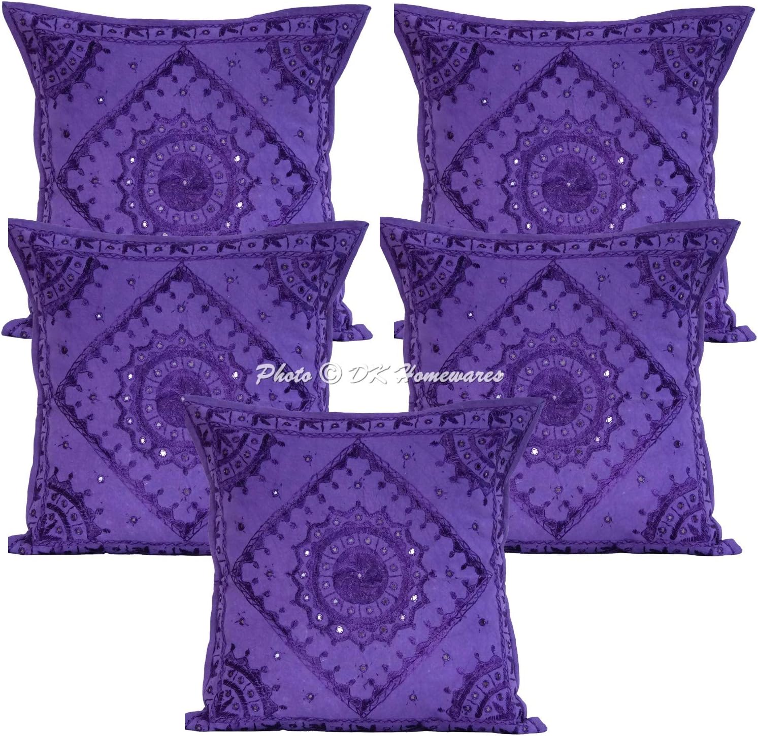 Indian Decorative Sofa Throw Pillowcases 24x24 Inch Cotton Embroidered Bohemian Bohemian Square Couch Cushion Covers (Size - 60x60 cm ; Color: Purple) - Set of 5 Pcs (Cover Only)