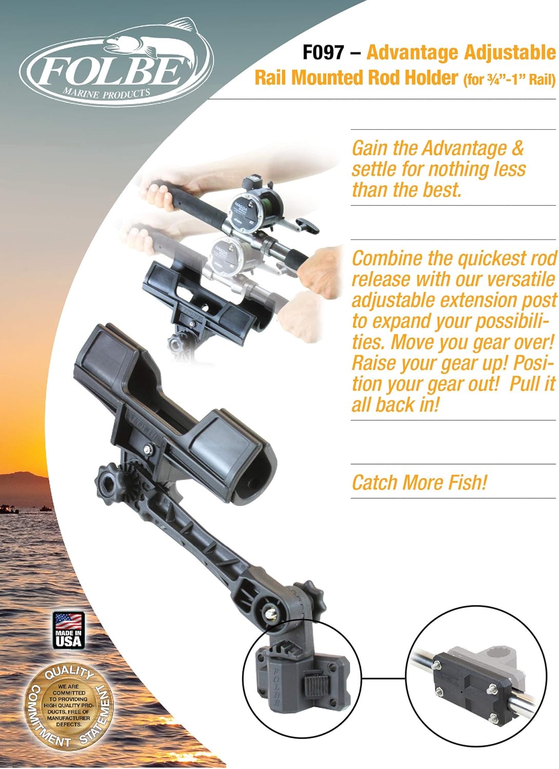 Folbe F097 - Advantage Adjustable Extended Rail Mounted Fishing Rod Holder - Fits 3/4"-1" Rails