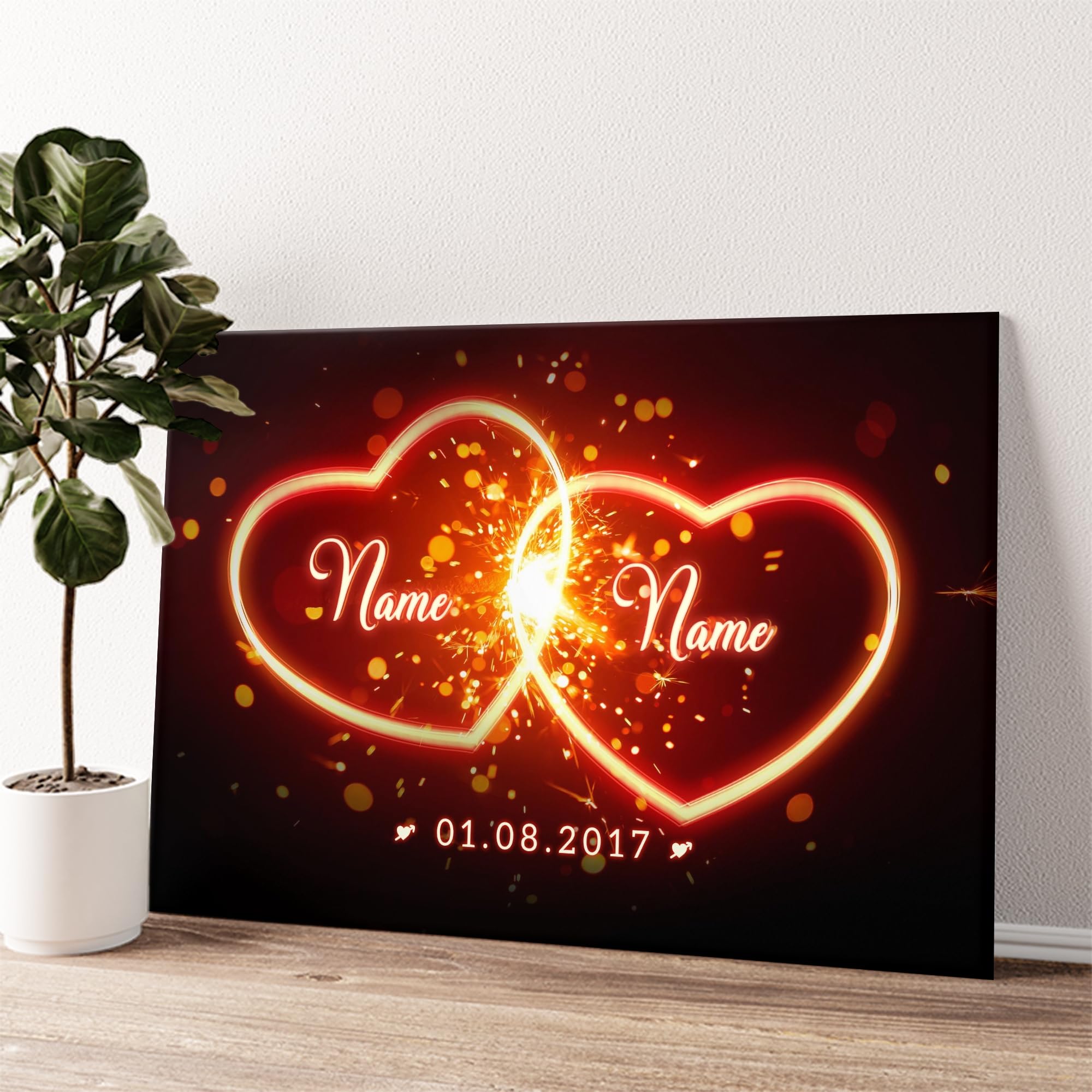 Liebesleinwand Leinwandbild personalisiert | Leinwand gestalten mit Namen und Datum Geschenk für Partner | Glühende Herzen