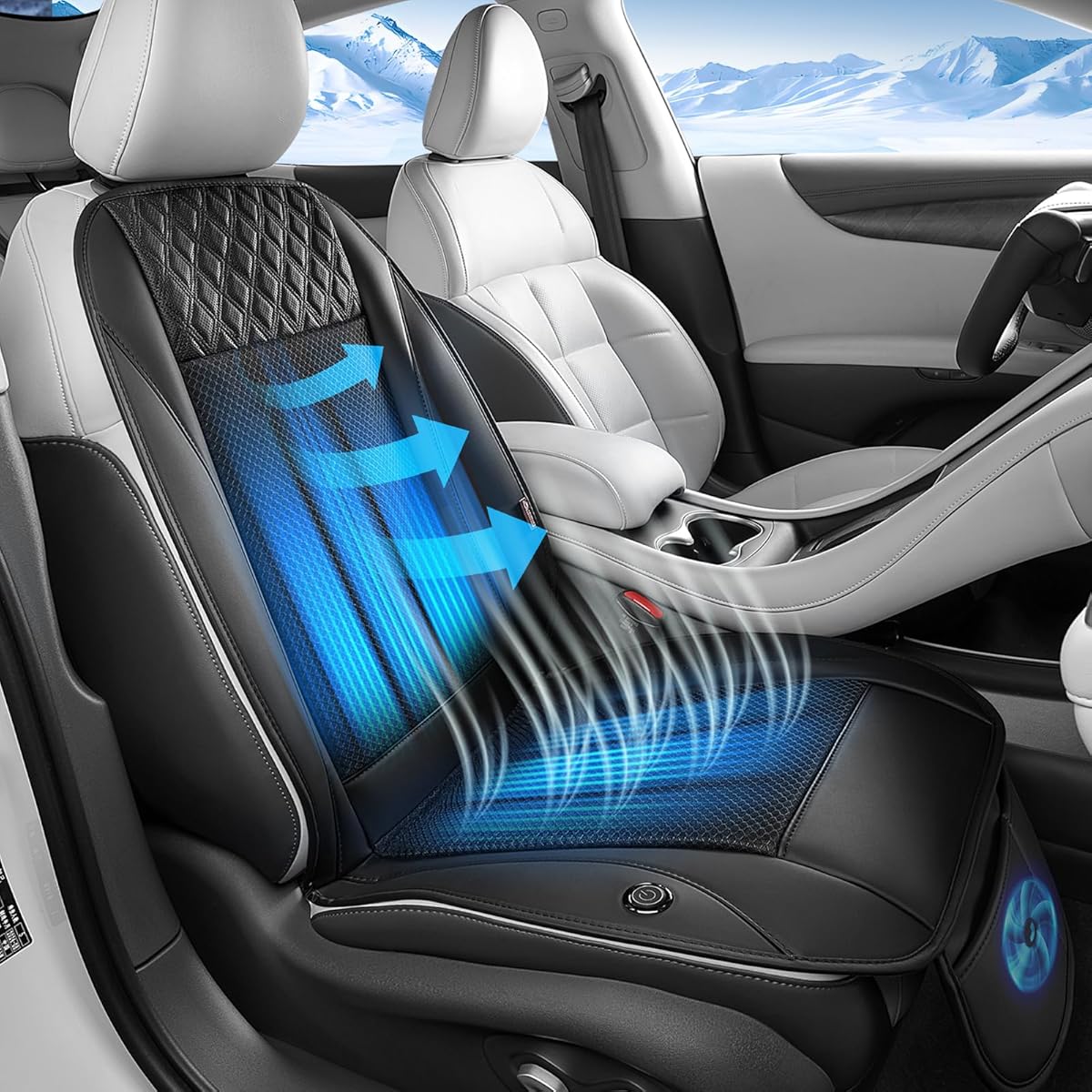 Coverado Cooling Car Seat Cover with High-Velocity Turbo Fan, Powerful Blowing & Suction Pad, 12V-24V Ventilated Cushion, 3-Speed Adjustable Airflow, Universal Fit for Car SUV Truck Van，Black