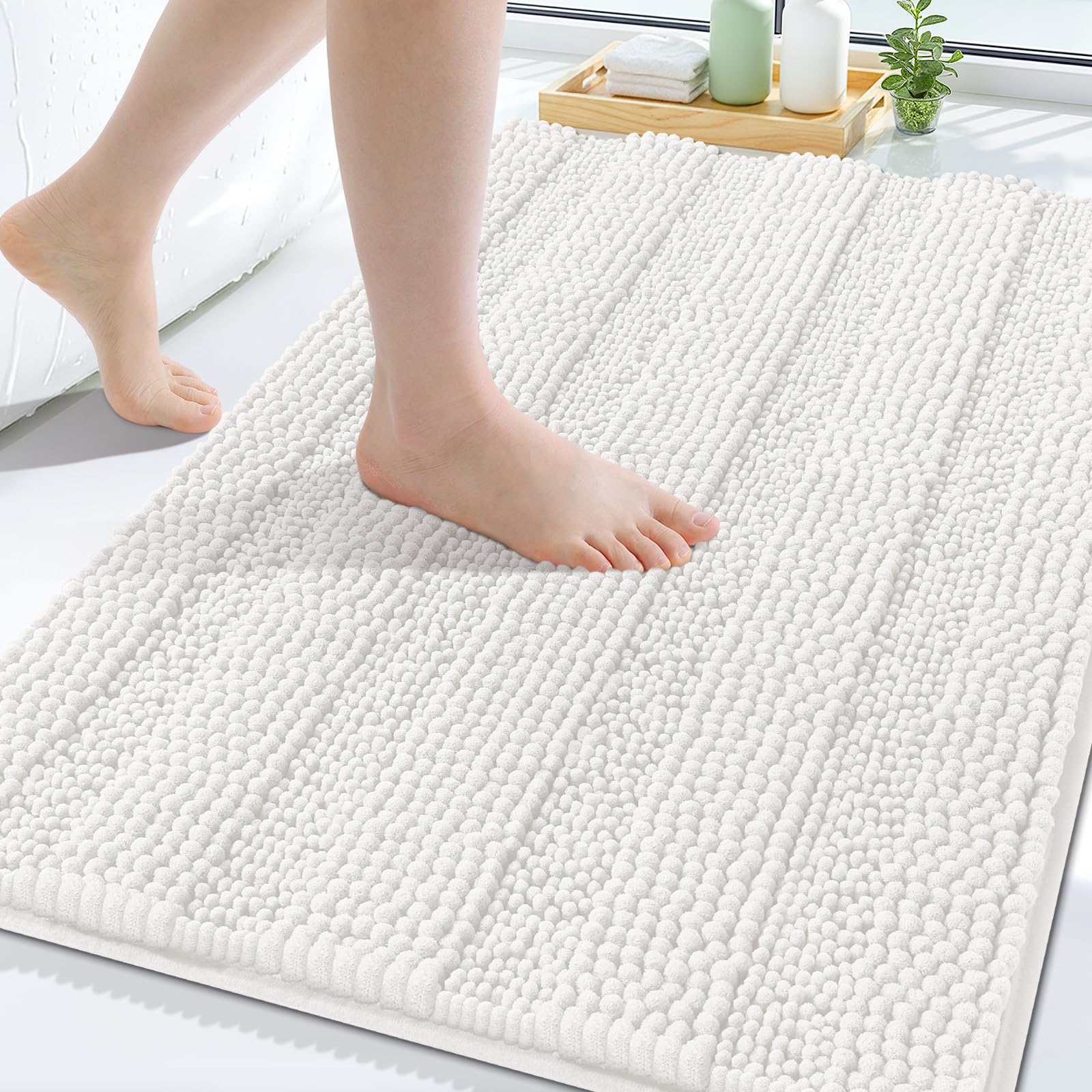 Photo 1 of [SIMILAR ITEM] Grandaily Chenille Striped Bathroom Rugs 30x20, Extra Thick and Absorbent Bath Mats, Non-Slip Soft Plush Shaggy Shower Carpet, Machine Wash Dry, Bath Rug for Bathroom, (Medium, Cream)