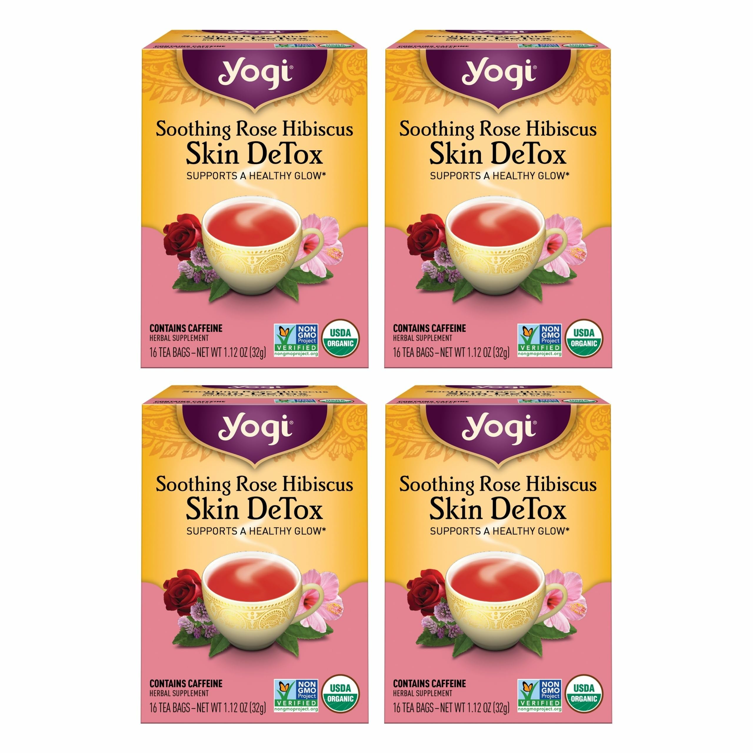 Tea Soothing Rose Hibiscus Skin DeTox Tea - 16 Tea Bags per Pack (4 Packs) - Organic DeTox Tea to Support Skin Health - Includes Green Tea Leaf, Rose Petal, Honeybush Leaf, Hibiscus & More