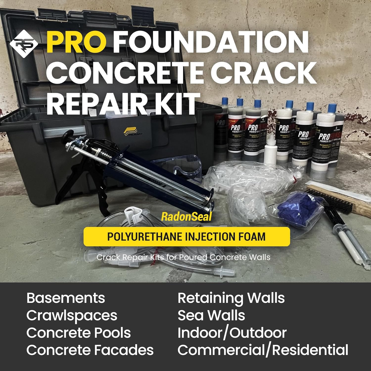 RadonSeal PRO Foundation Crack Repair Kit (60 ft) – Polyurethane Crack Injection Foam for Basement & Concrete Wall Leak Repair