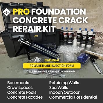 RadonSeal PRO Foundation Crack Repair Kit (60 ft) Polyurethane Crack Injection Foam for Basement & Concrete Wall Leak Repair